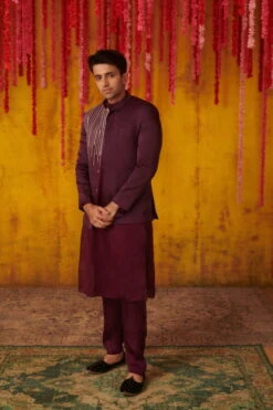 Purple Embroidered Kurta Sherwani Set