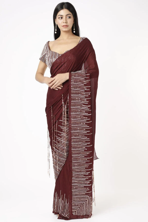 Wine Embroidered Saree Set 1 Wine Embroidered Saree Set