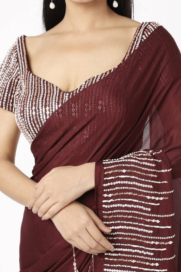 Wine Embroidered Saree Set 4 Wine Embroidered Saree Set - Image 4