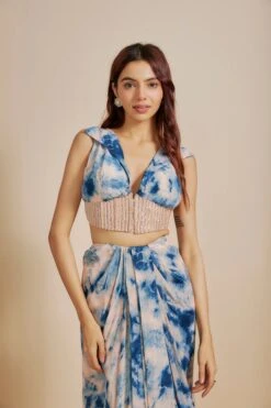 Peach And Blue Shibori Embroidered Vest Coat With Skirt -Lillys Clothing Shop PPTC032410 001 6