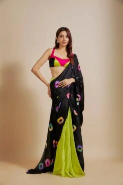 Black Shibori Saree With Multi-Colour Blouse