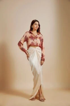 Peach Printed Shirt With Cream Skirt -Lillys Clothing Shop PPTC032440 001 2