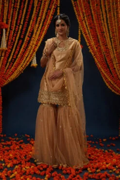 Beige Gotawork Embroidered Kurta Gharara Set