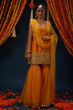 Bright Yellow Gotawork Embroidered Kurta Gharara Set