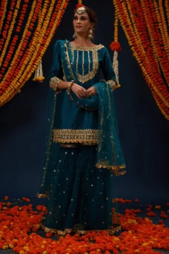 Bottle Green Gotawork Embroidered Kurta Gharara Set