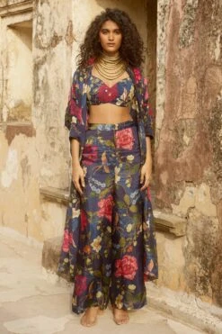 Blue Floral Printed Jacket Set