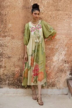 Green And White Floral Placement Printed Maxi Dress