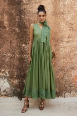 Chic Sage Green Silk Organza Maxi Dress