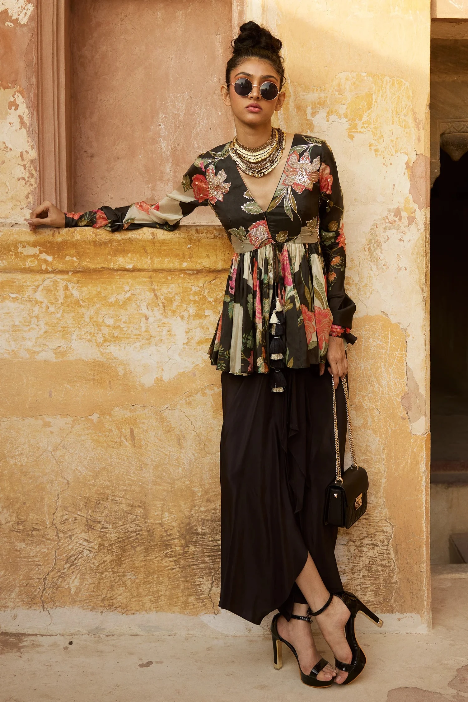 Floral Printed Pure Habutai Silk Peplum Set 1 Floral Printed Pure Habutai Silk Peplum Set