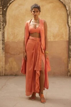 Silk Organza Chic Coral Jacket And Blouse Skirt Set