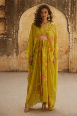 Printed Pure Habutai Silk Lime Yellow Kaftan Set