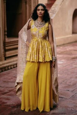 Tuscany Yellow Flip Bird Print Peplum Set