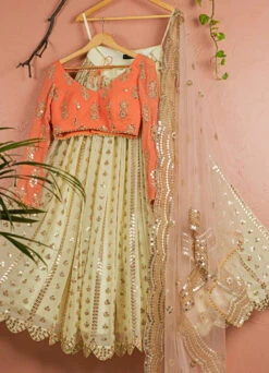 Banana Butti Scallop Lehenga With Melon Orange Silk Blouse And Blush Pink Dupatta