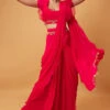 Pink Red Georgette & Organza Ruffled Saree Set