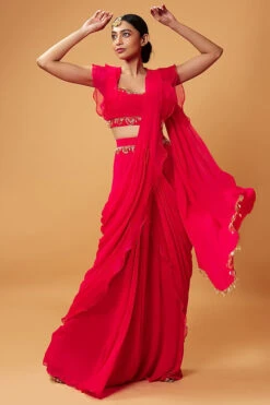 Pink Red Georgette & Organza Ruffled Saree Set