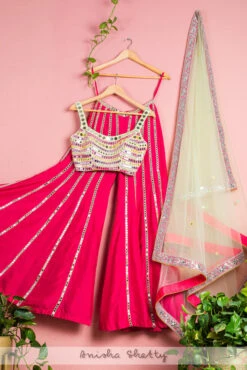 Hot Pink Mirror Flared Sharara With Green Chantily Multicolor Mirrorwork Blouse & Dupatta