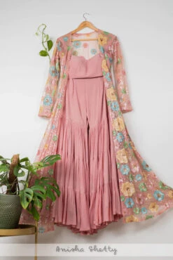 Anisha Shety Dusky Pink Layered Sharara Set With Floral Sequin Jacket Size Large