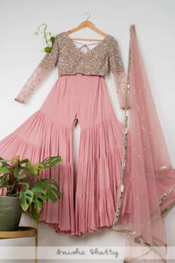 Dusky Pink Layered Sharara Set With Mirror & Sequin Blouse With Dupatta