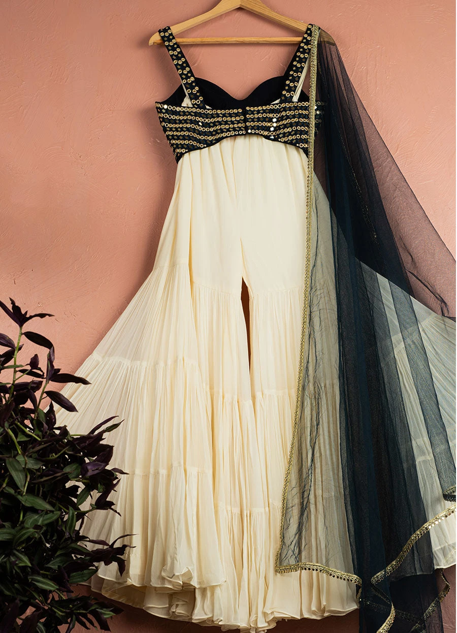 Ivory Midnight Blue Mirror Magic Sharara Set 2 Ivory Midnight Blue Mirror Magic Sharara Set - Image 2