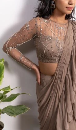 Dragonfly Embroidered Blouse With Pre-Draped Frill Saree -Lillys Clothing Shop SB LB13 3