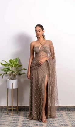High Slit Embroidered Fusion Saree With Bustier