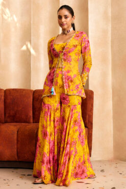 Yellow Print Short Jacket Set