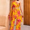 Yellow Floral Print One Shoulder Kurta And Pants Set