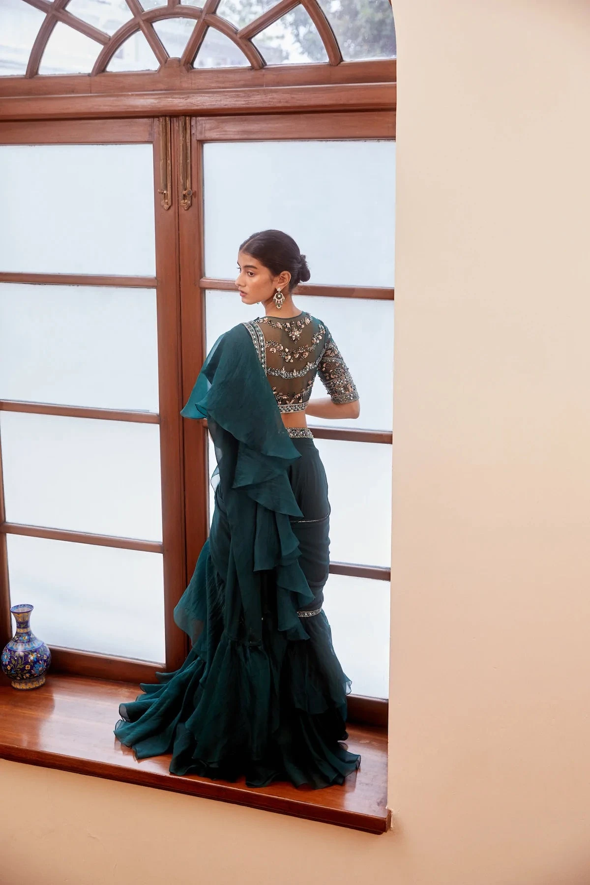 Teal Green Mirrorwork Blouse And Ruffle Saree 2 Teal Green Mirrorwork Blouse And Ruffle Saree - Image 2