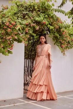 Rose Gold Tonal Embroidered Blouse And Saree