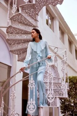 Ice Blue Ruffle Top And Pants Co-Ord Set