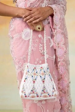 White Bead Embroidery And Golden Zari Potli
