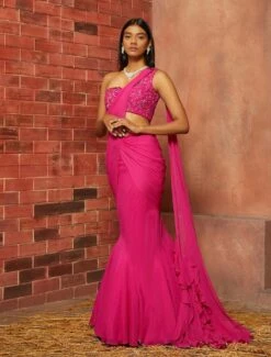 THEA - Fuschia Pink Asymmetric Embellished Saree