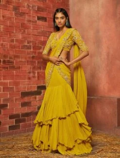 SEL - Yellow & Champagne Gold Embellished Net Saree