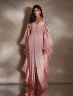 Cece Peach Crepe Kaftan With Organza Ruffles