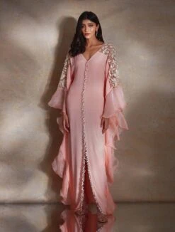Cece Peach Crepe Kaftan With Organza Ruffles