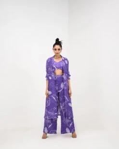 Purple Flora Pant Bralette And Jacket Set