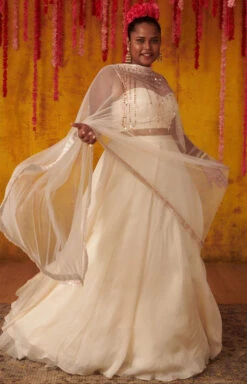 White Satin Organza Lehenga Size 16
