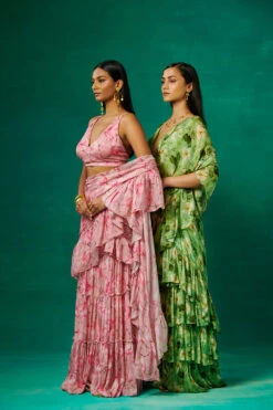 Green Floral Print Drape Saree With Ruffles And Plunge V Neck Blouse -Lillys Clothing Shop SonaliBansal 28 june 2358118 fe74377d ffb4 45b1 b806 ba614543ae32