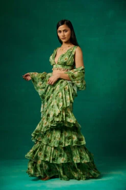 Green Floral Print Drape Saree With Ruffles And Plunge V Neck Blouse -Lillys Clothing Shop SonaliBansal 28 june 2358199