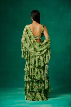 Green Floral Print Drape Saree With Ruffles And Plunge V Neck Blouse -Lillys Clothing Shop SonaliBansal 28 june 2358232