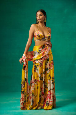 'Surajmukhi' Yellow Floral Print Blouse With Flared Sharara
