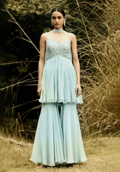 Aqua Embroidered Sharara Set