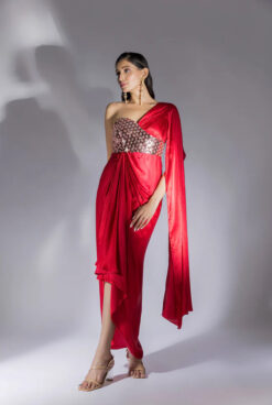 Red Embroidered Drape Dress
