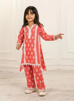 Mulmul Cotton Amaris Red Kurta With Amaris Red Pant