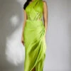 Green Embroidered Ruched Top With Drape Skirt