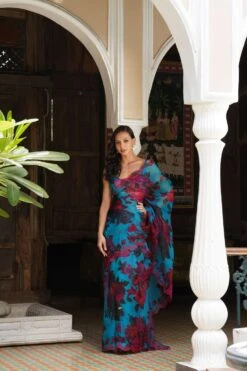 Turquoise Floral Saree Set