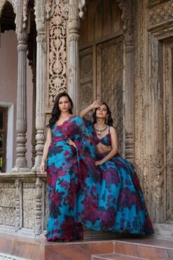 Turquoise Floral Saree Set -Lillys Clothing Shop UntitledSession3311