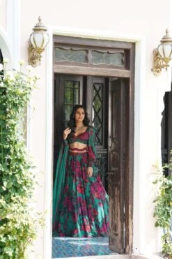 Teal Green Chiffon Floral Lehenga Set
