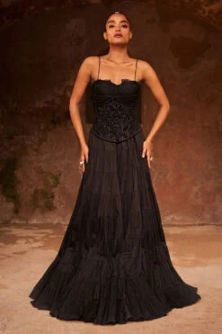 Royal Twilight Bodysuit Corset Belt With Tier Crinkle Full Circle Skirt Set