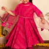 Pink Bandhej Anarkali Kurta Set For Girls
